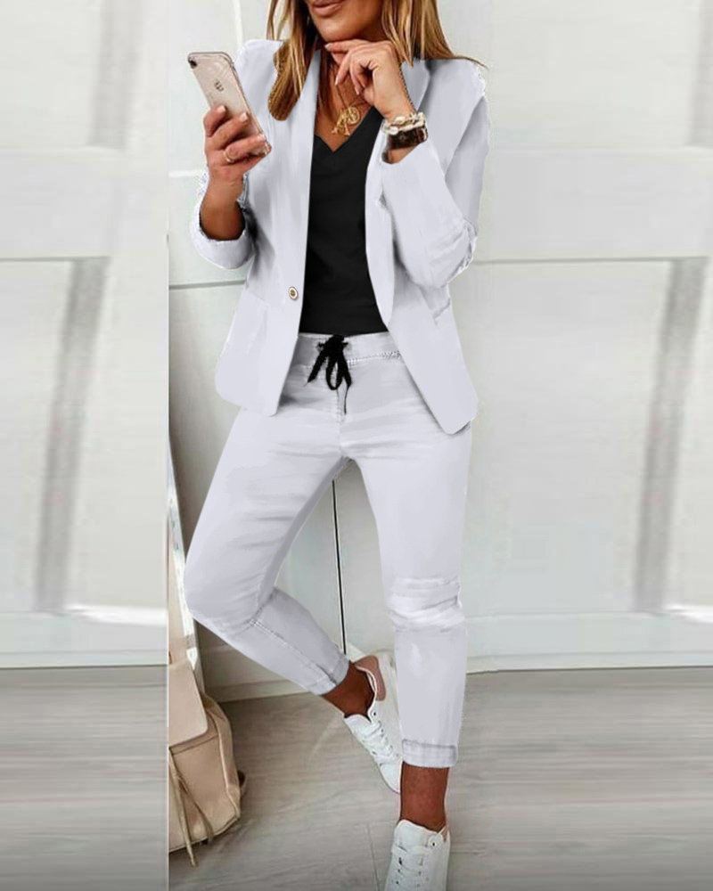 

Lapel Neck Blazer Coat & Drawstring Pants Set, White
