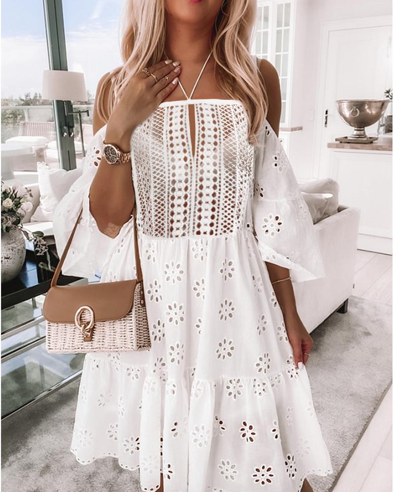 

Eyelet Embroidery Cold Shoulder Casual Dress, White