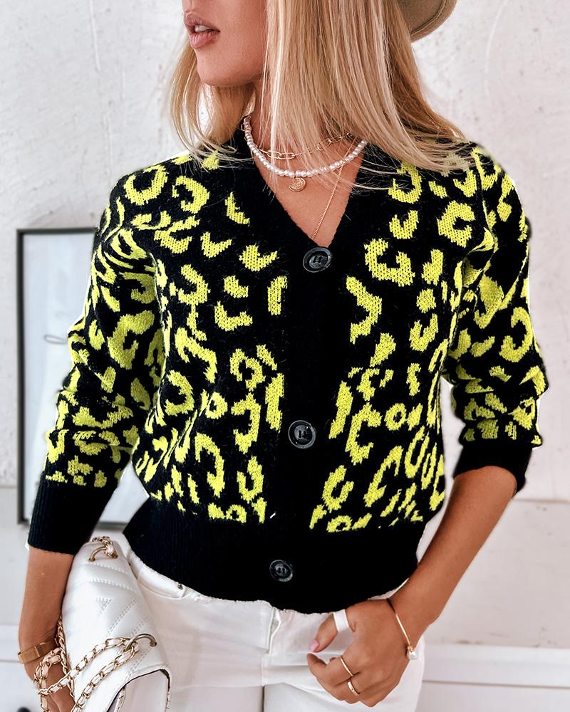 

Button Front Cheetah Print Cardigan, Green