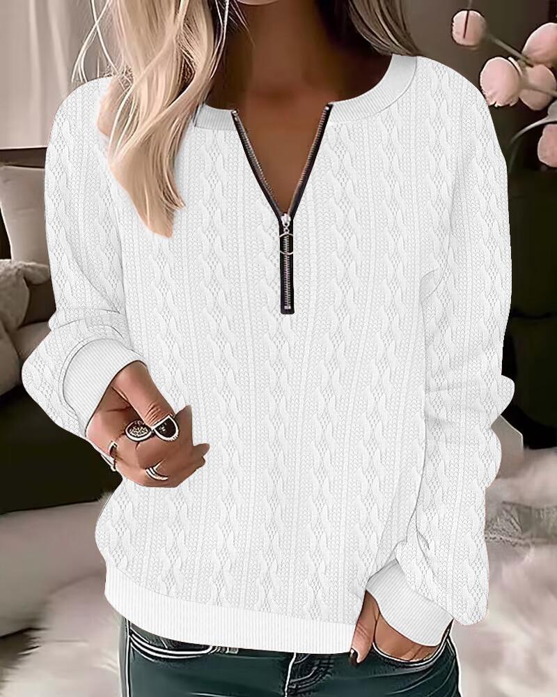 

Zipper Design Long Sleeve Braided Top, White