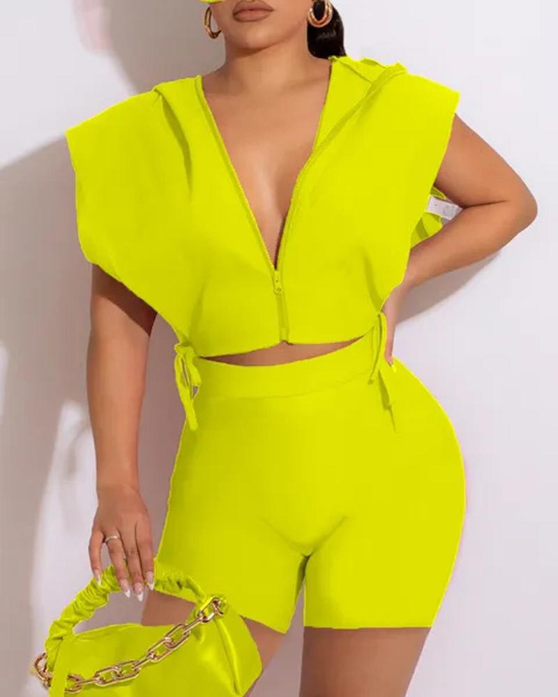 

Zip Up Tie Side Hooded Crop Top & Shorts Set, Yellow