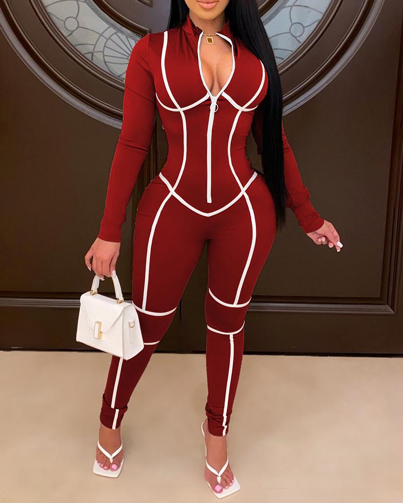 

Colorblock Zipper Design Long Sleeve Jumpsuit, Wine red