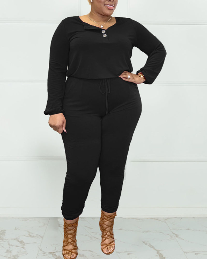 

Plus Size Button Front Long Sleeve Jumpsuit, Black