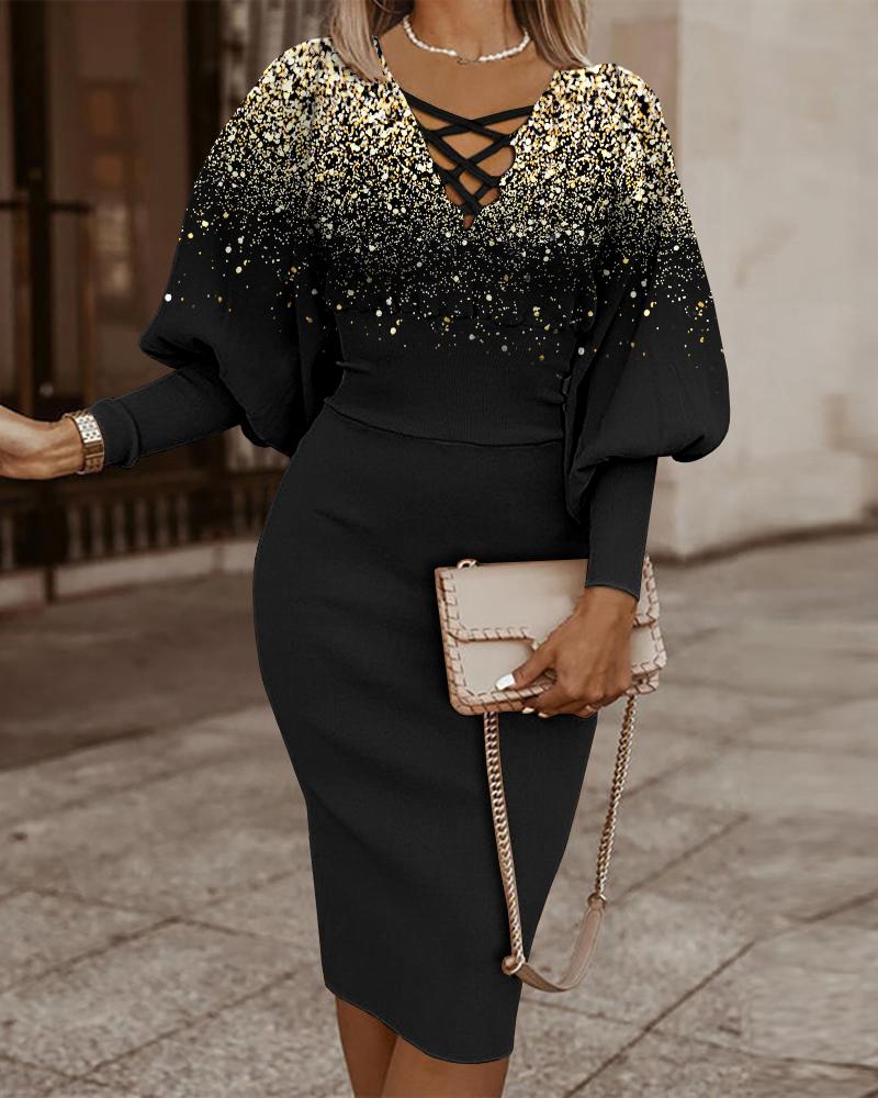 

Glitter Print Lantern Sleeve Midi Dress, Black