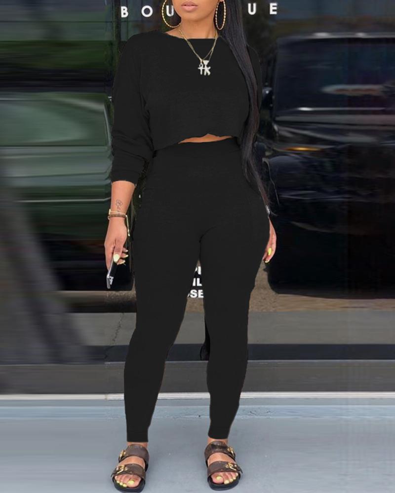

Frill Hem Crop Top & Pocket Design Pants Sets, Black