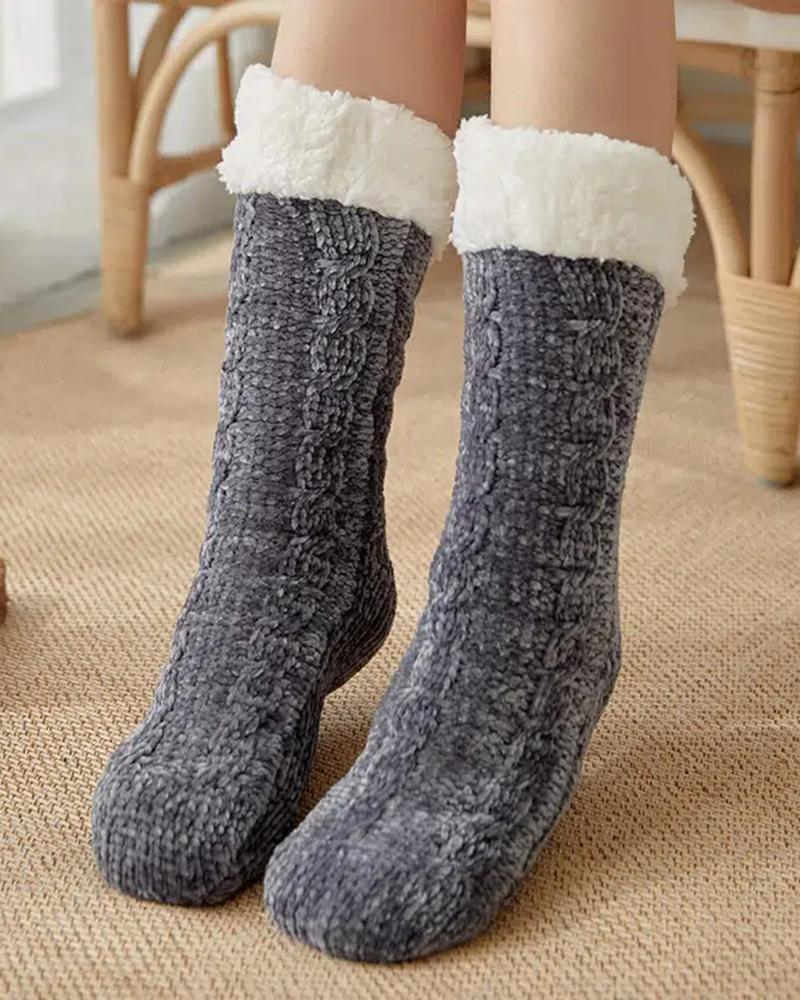 

1Pair Fleece Lined Fluffy Thick Warm Winter Non Slip Floor Socks, Gray