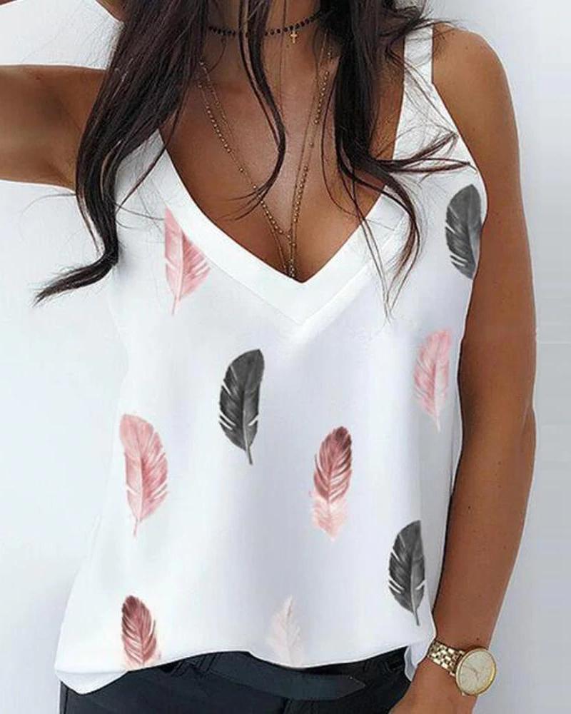 

Feather Print V-Neck Casual Tank Top, White