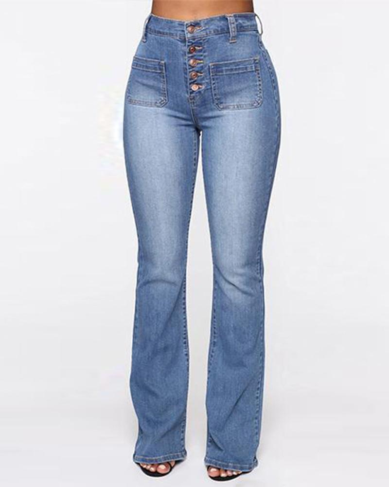 

Button Fly Pocket Design High Waist Jeans, Lighted blue