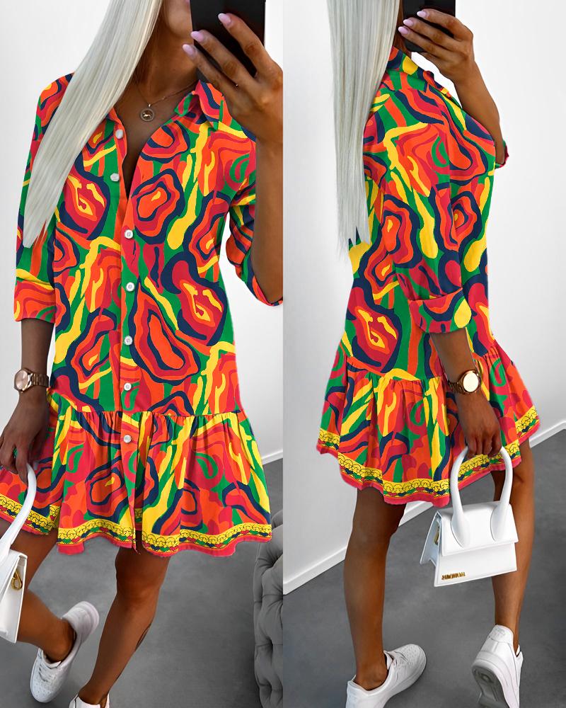 Multi-Color Abstract Print Ruffle Hem Shirt Dress