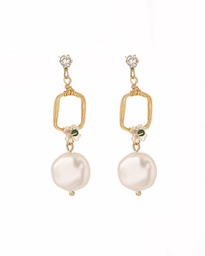 

1Pair Rhinestone Floral Decor Geo Faux Pearl Drop Earrings, Style1