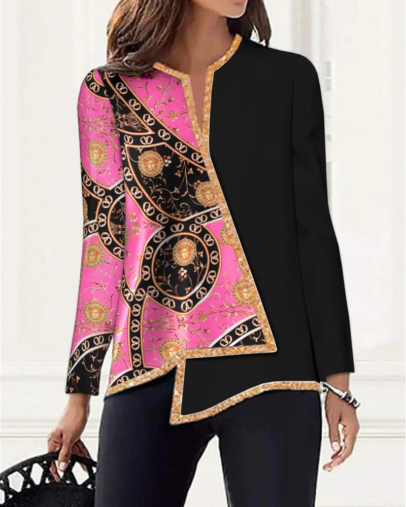 

Colorblock Baroque Print Asymmetrical Hem Top, Black
