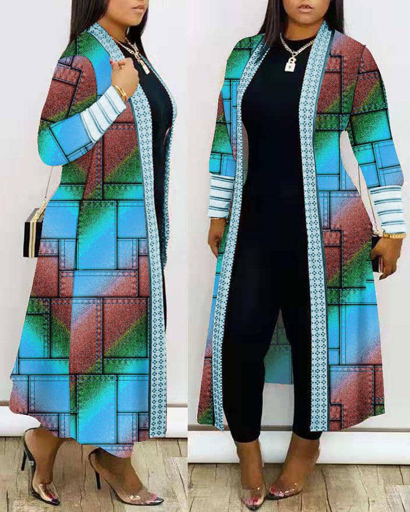 

Plus Size Denim Look Print Rainbow Ombre Lace Patch Longline Coat, Blue