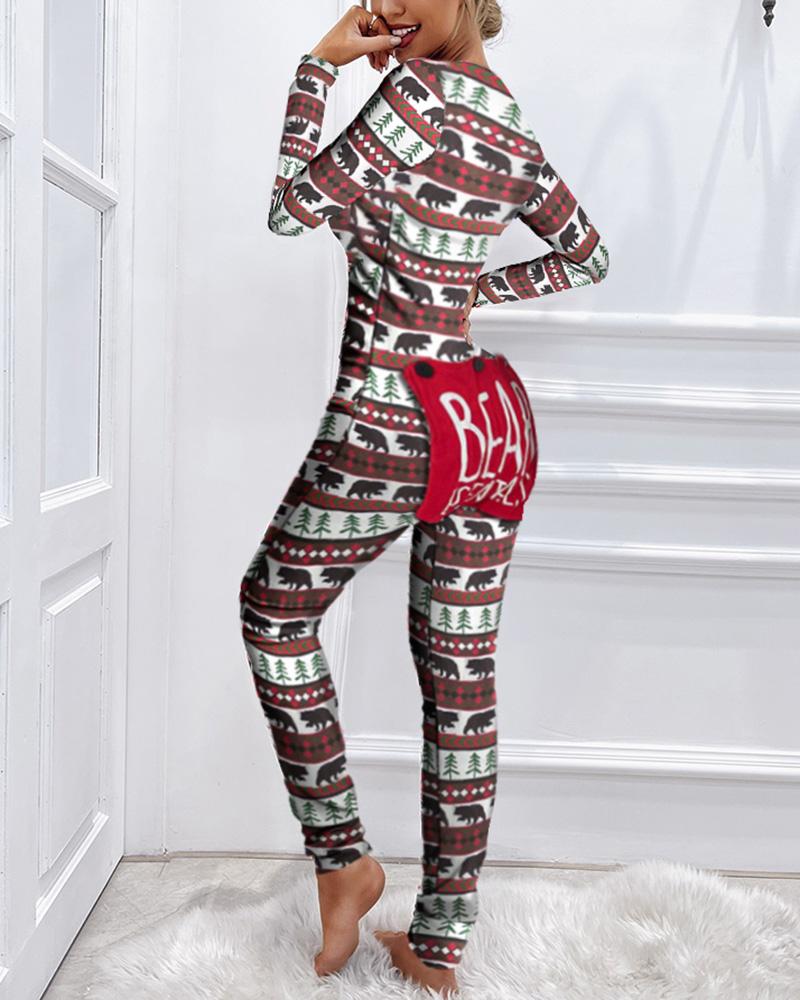 

Christmas Print Functional Buttoned Flap Adults Pajamas, Multicolor