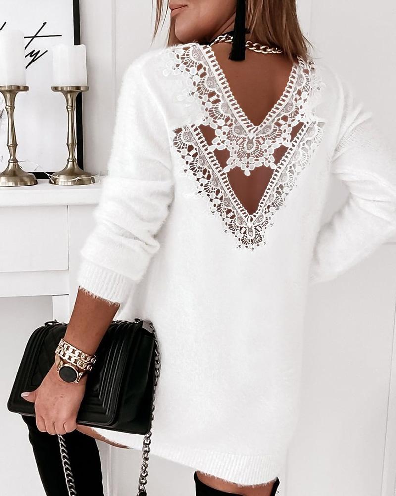 

Guipure Lace Backless Fluffy Sweater Dress, White