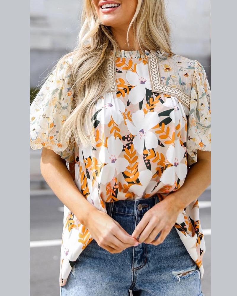 

Floral Print Puff Sleeve Top, Orange