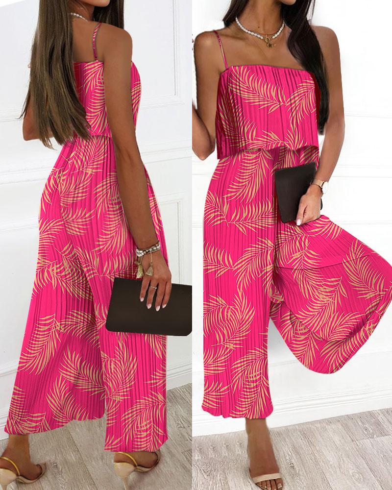 

Leaf Print Ruffle Hem Pleated Wide Leg Jumpsuit, Hot pink