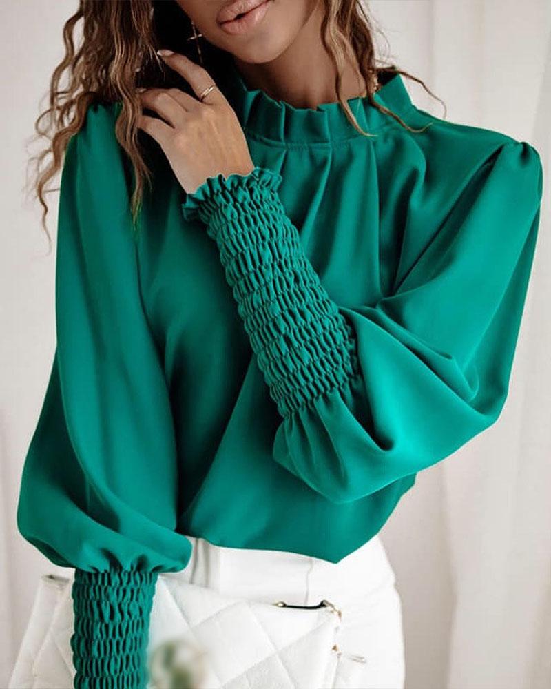 

Shirred Lantern Sleeve Plicated Detail Top, Green