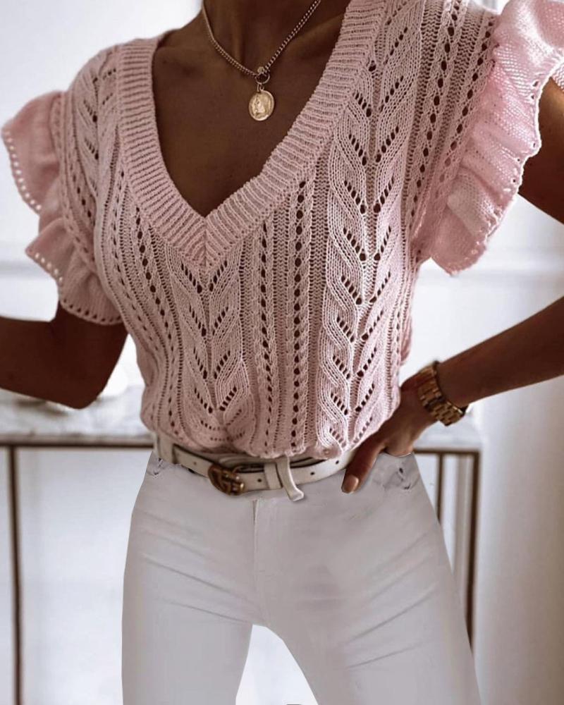 

Frill Hem Rib-knit V-neck Top, Pink