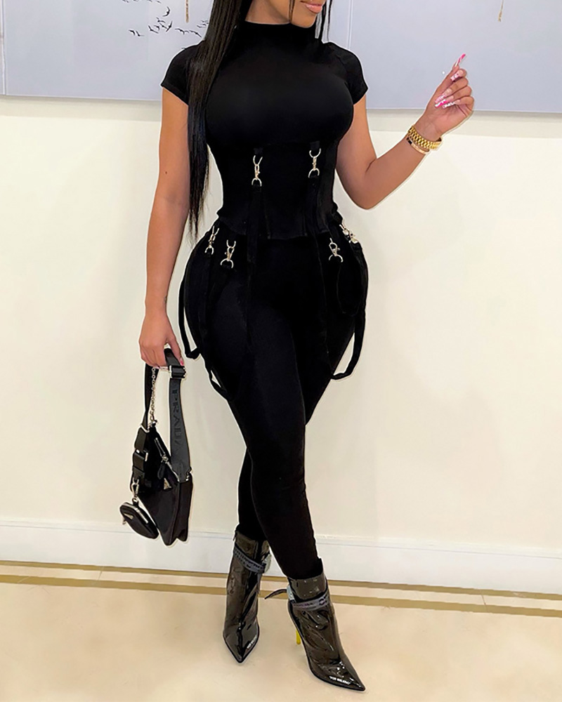 

Short Sleeve Band Decor T-shirt & High Waist Pants Set, Black