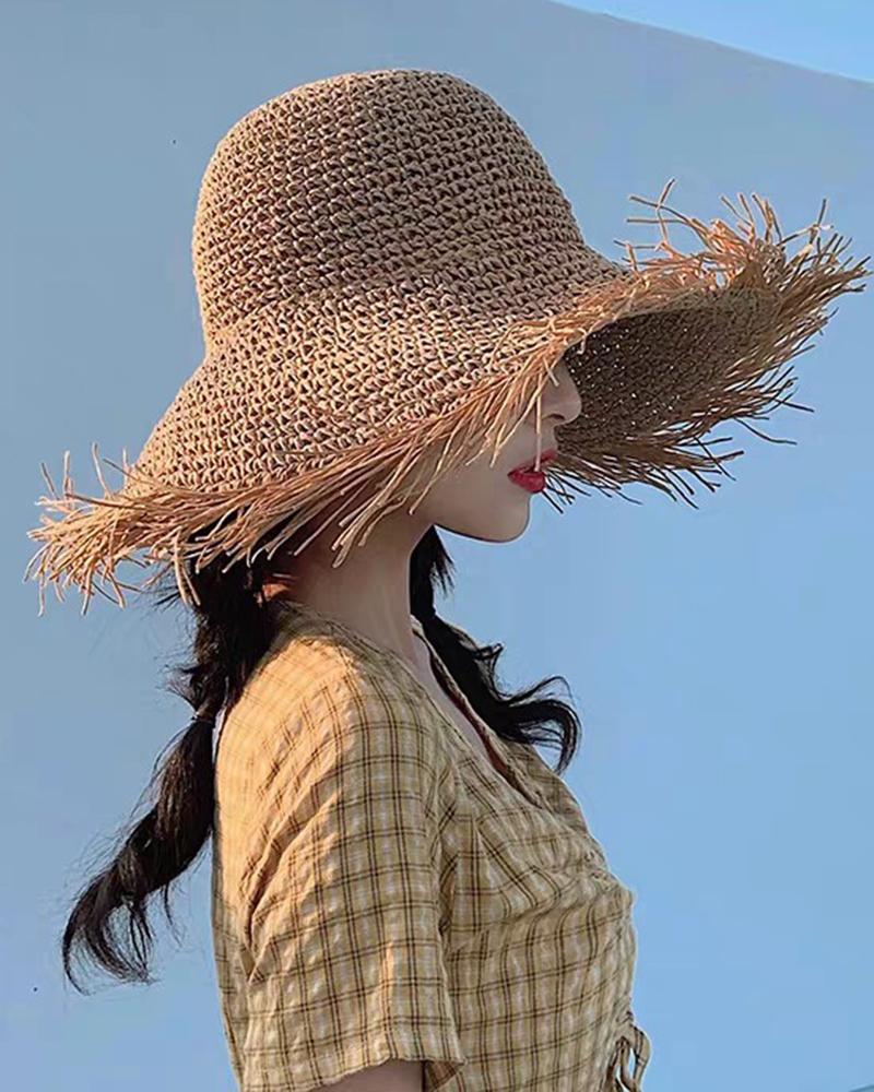 

Raw Hem Wide Brim Straw Hat, Khaki