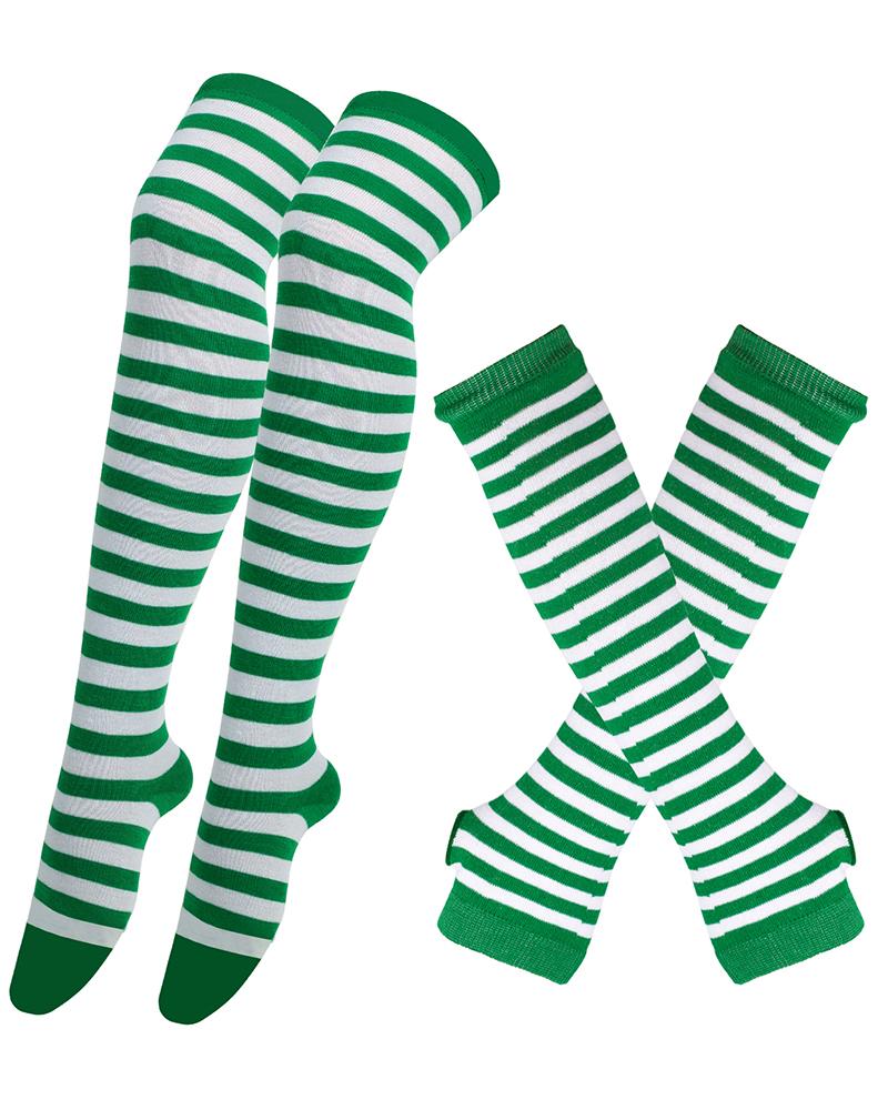 

Halloween Striped Cosplay Stockings With Gloves, Green