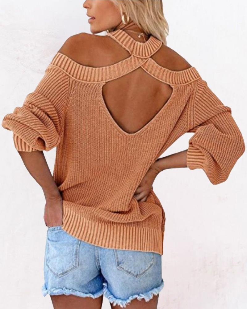 

Cold Shoulder Open Back Chunky Knit Sweater, Orange
