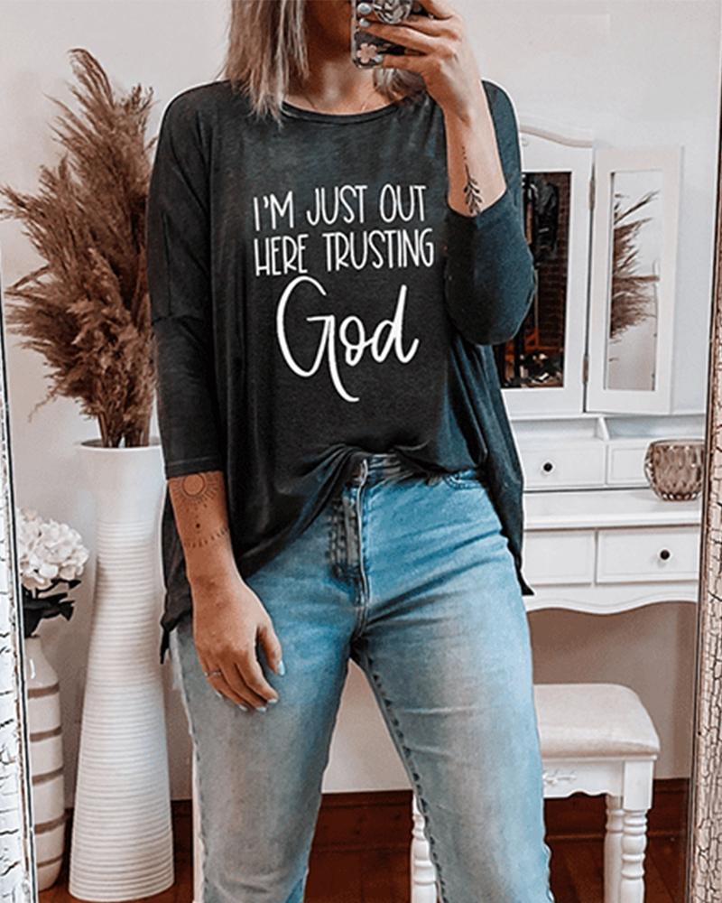 

Letter Print Long Sleeve Loose T-shirts, Black