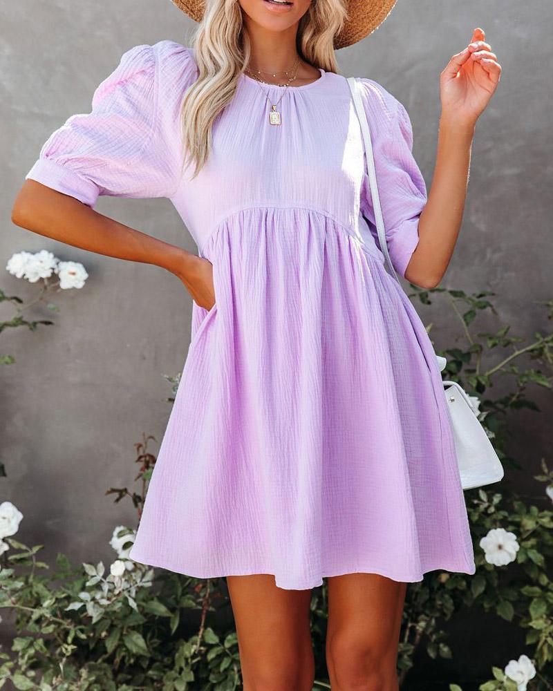 

Puff Sleeve Patchwork Casual Smock Dress, Purple