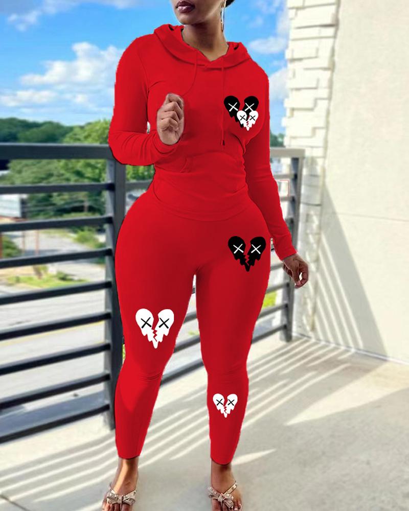 

Plus Size Heart Print Long Sleeve Top & Pants Set, Red
