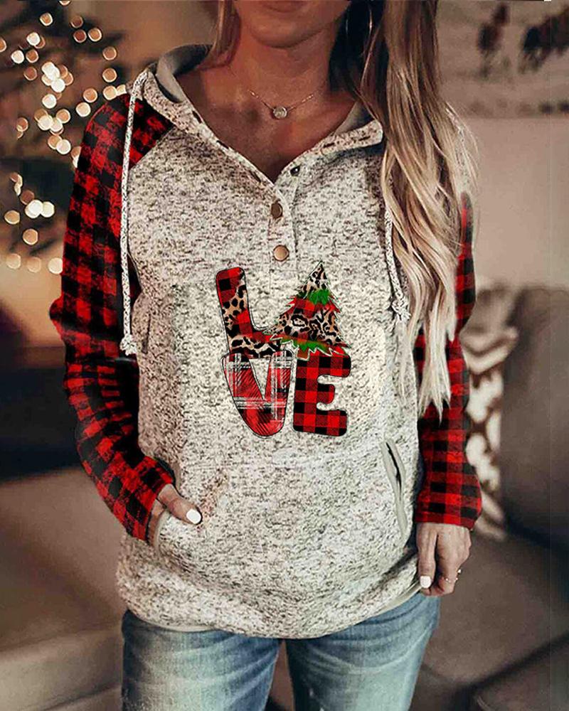 

Christmas Print Button Front Drawstring Hoodie, Style6