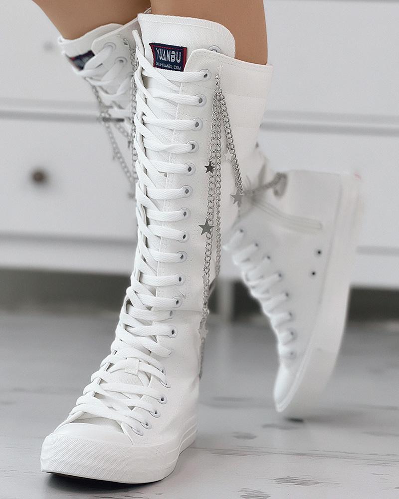 

Chain Decor Eyelet Lace-up Canvas Boots, White