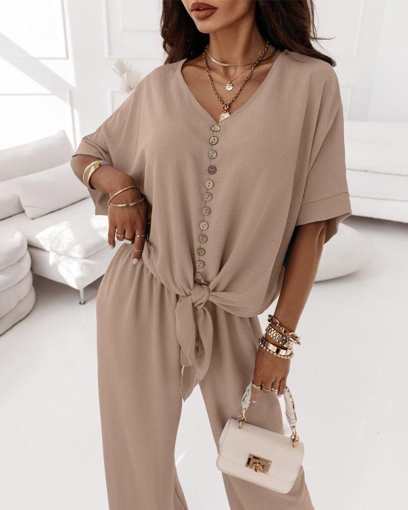 

Buttoned Knotted V-Neck Top & Wide Leg Pants Set, Khaki