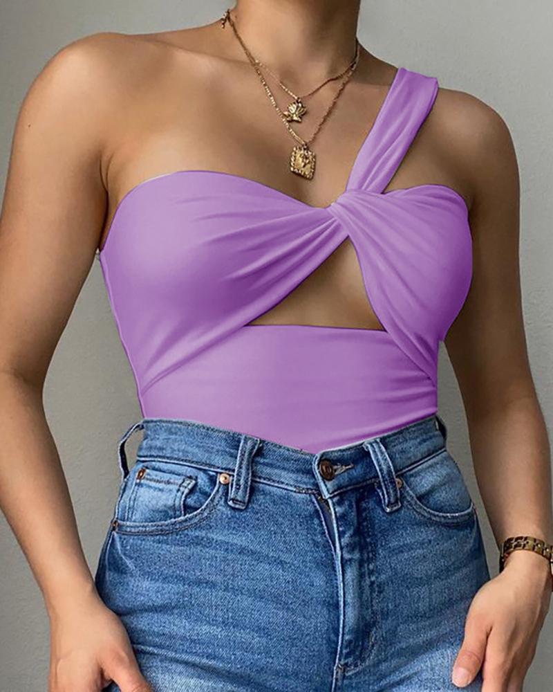 

One Shoulder Twisted Cutout Front Top, Purple