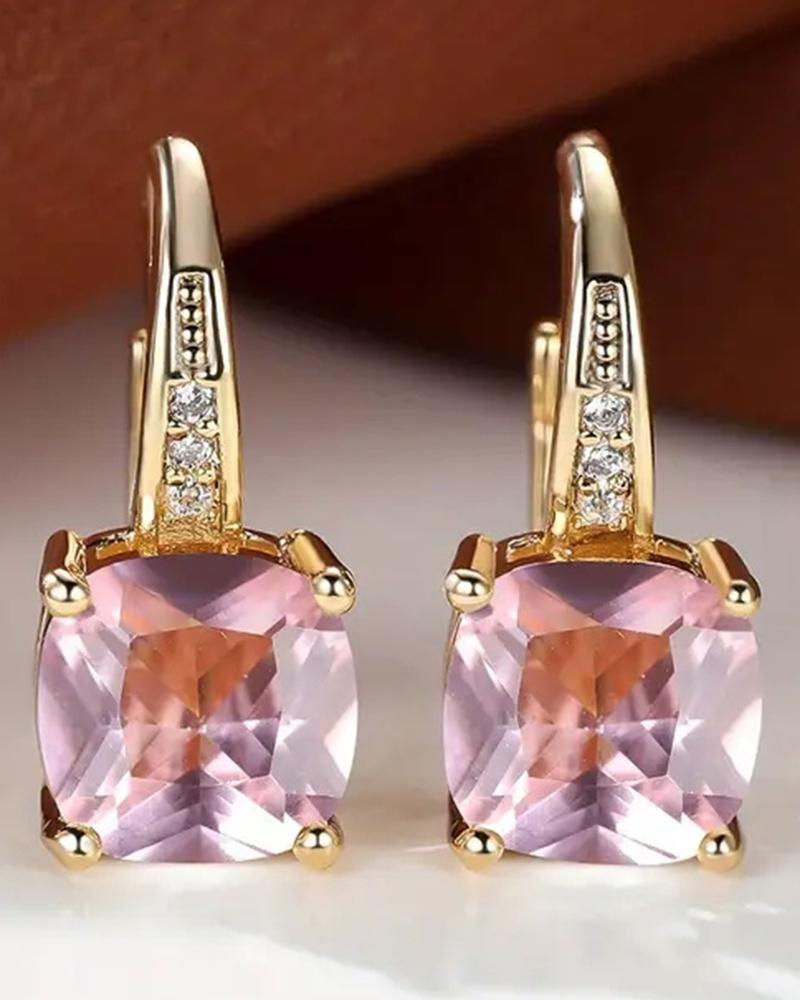 

1Pair Crystal Square Stone Hoop Earrings Party Evening Jewelry, Pink