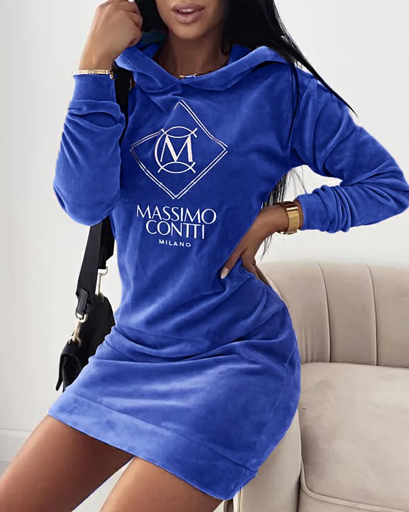 

Letter Embroidery Velvet Hooded Sweatshirt Dress, Blue