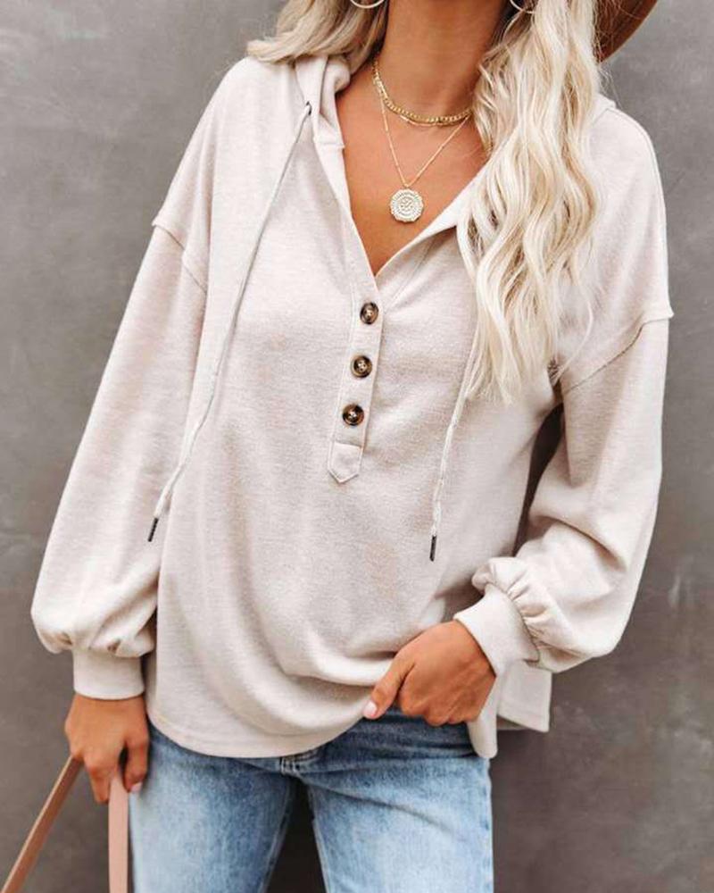 

Long Sleeve Button Design Drawstring Sweatshirt, White