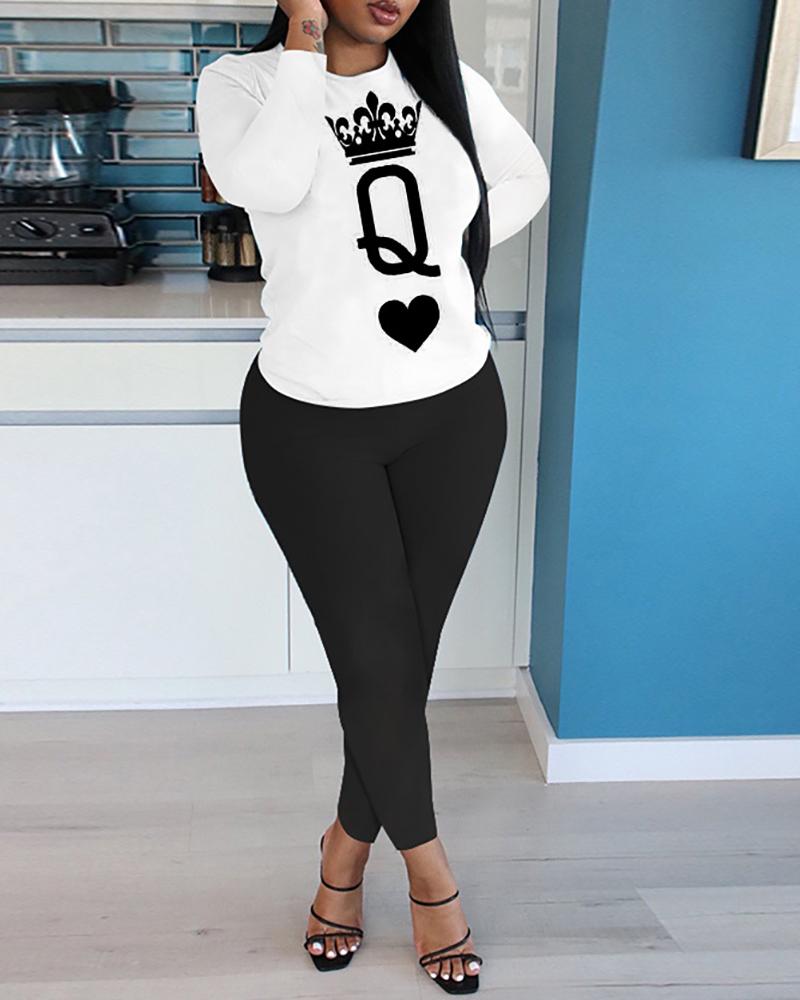 

Poker Print Long Sleeve Top & Pants Set, Black