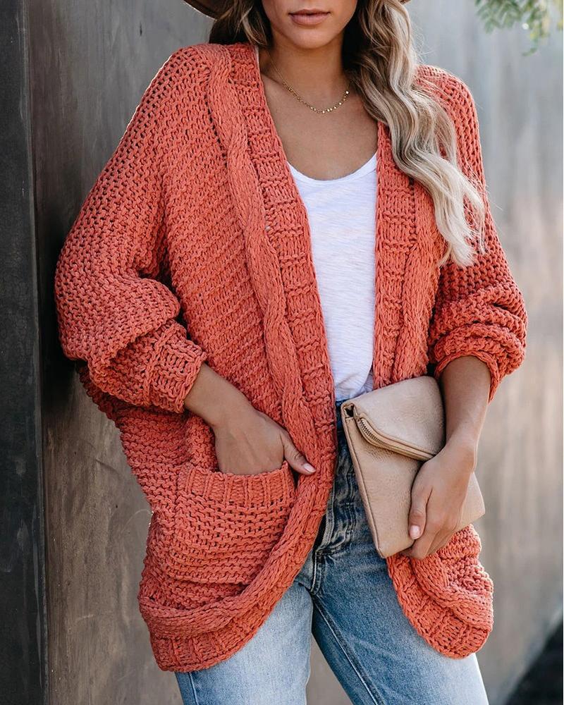

Pocket Design Batwing Sleeve Braided Knit Cardigan, Orange