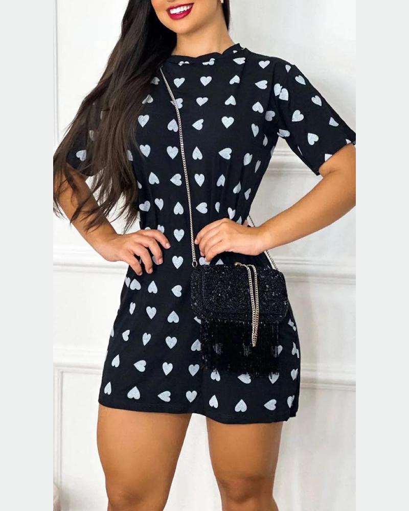 

Heart Print O-Neck Mini Dress, Black