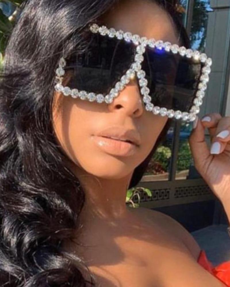 

1Pair Crystal Decoration Square Frame Sunglasses, White