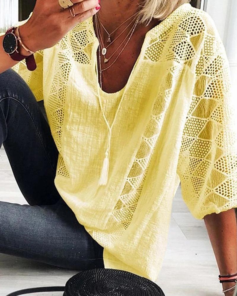 

Hollow Out Tassel Design Casual Blouse, Yellow