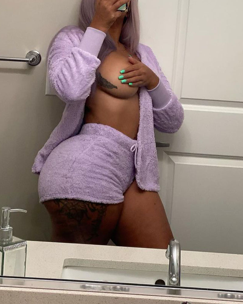 

Long Sleeve Hooded Fluffy Lounge Pajamas Set, Purple