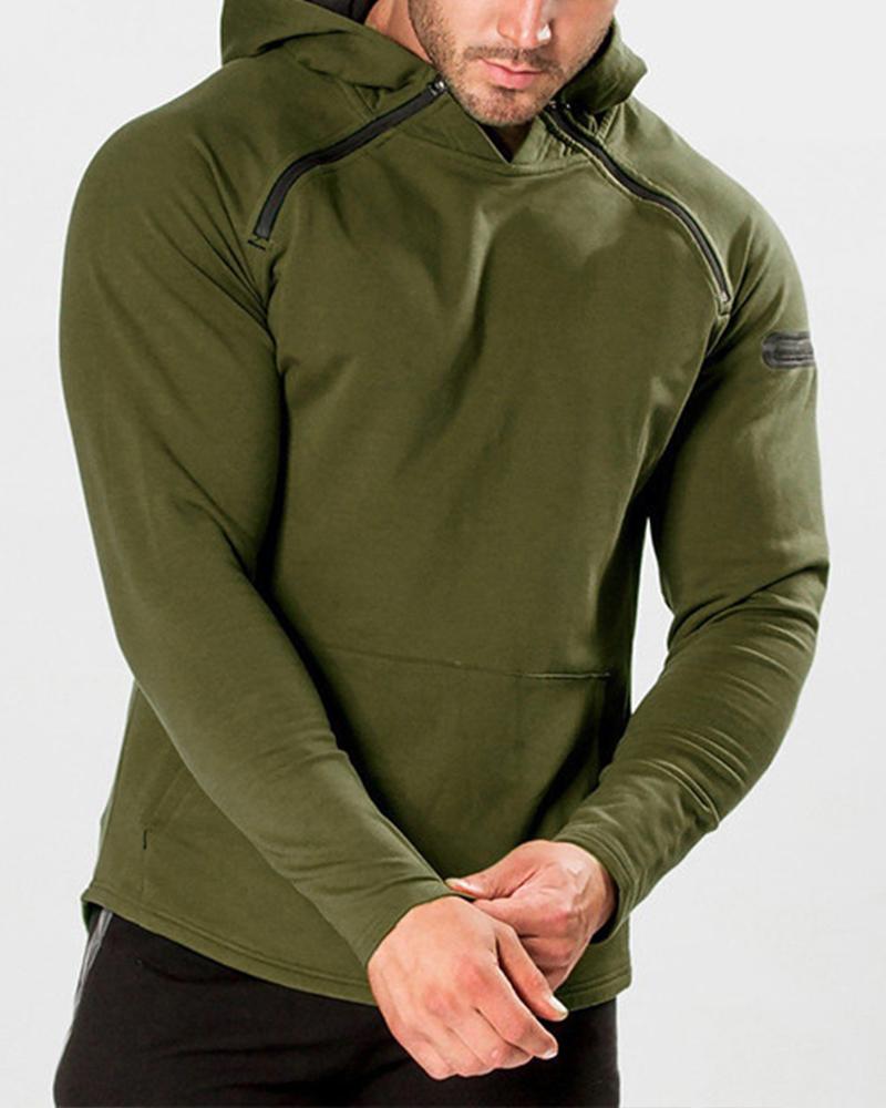 

Solid Long Sleeve Fitting Hoodies Zipper On Shoulder Sweatshirts, Green