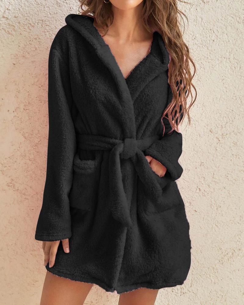

Pocket Design Hooded Belted Fluffy Robe, Black