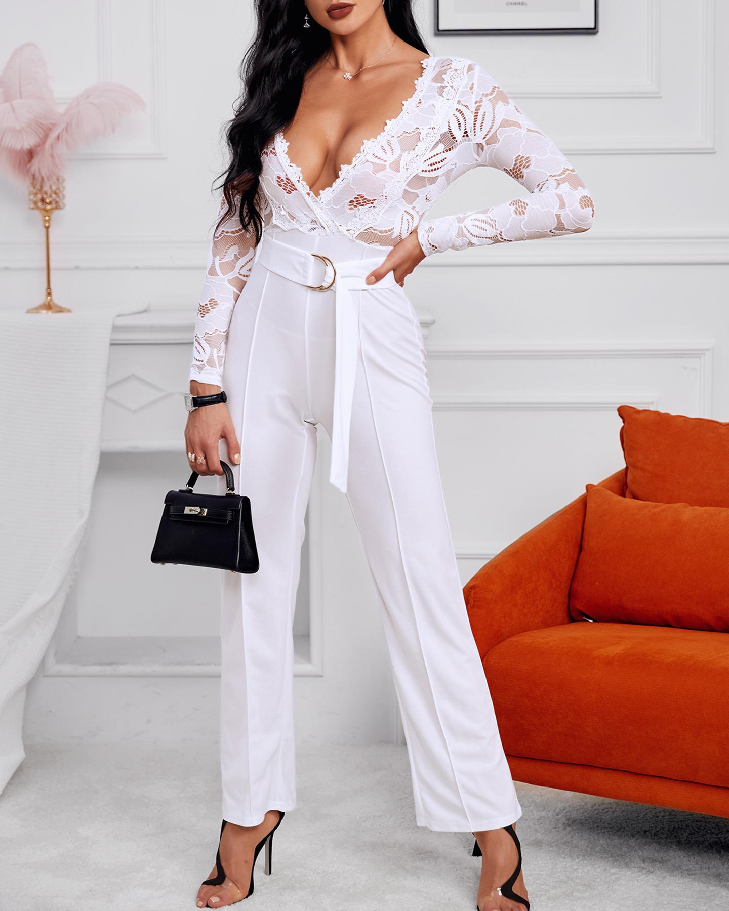 

Crochet Lace Plunge Long Sleeve Jumpsuit, White