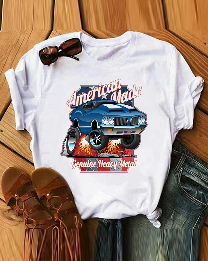 

Letter Car Print Short Sleeve Casual T-shirt, White
