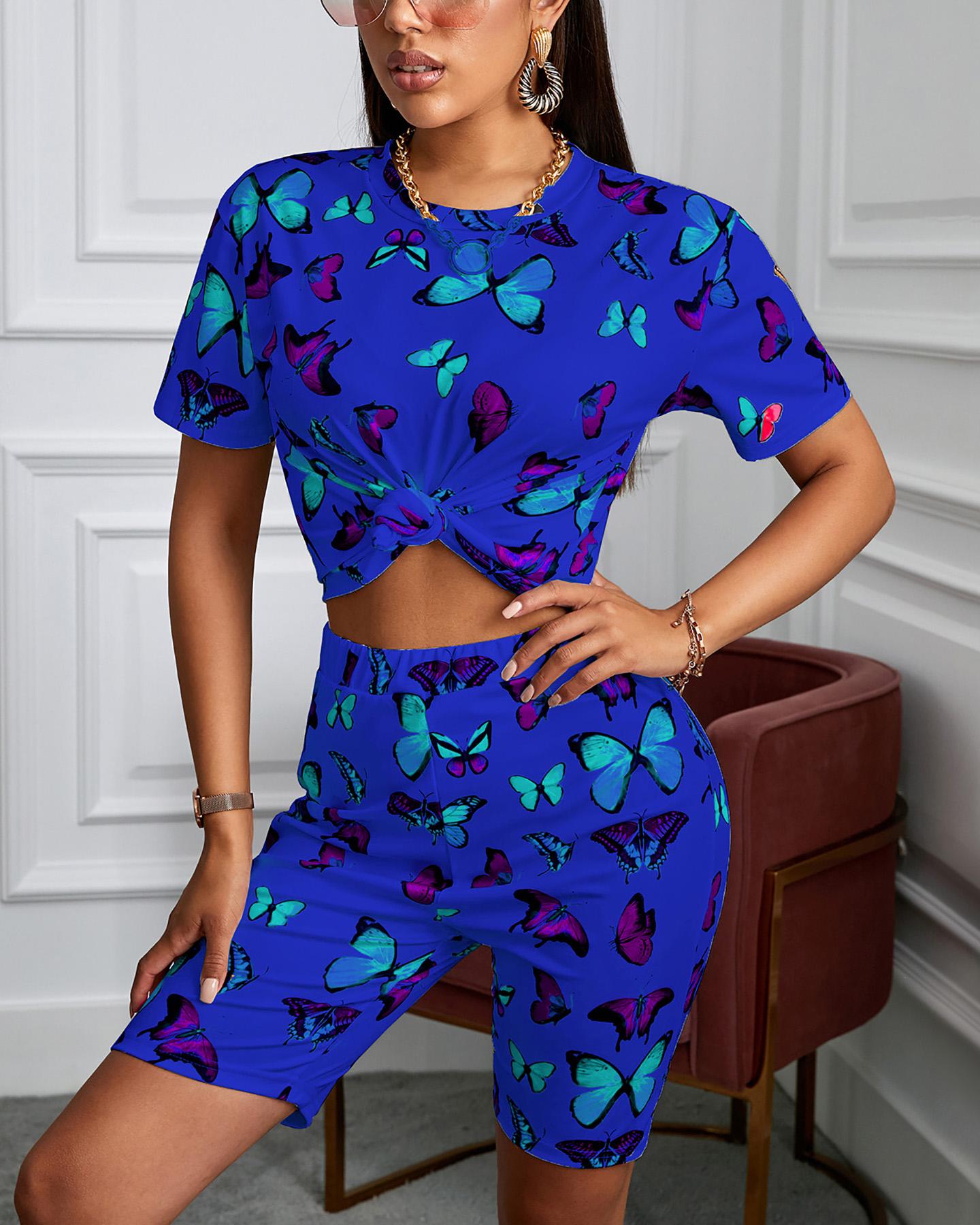 

Short Sleeve Butterfly Printed Top & Short Sets, Blue