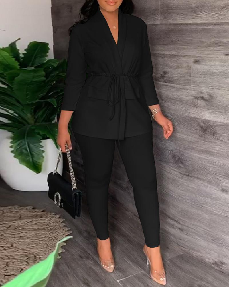 

Plunge Drawstring Long Sleeve Coat & Pants Set, Black