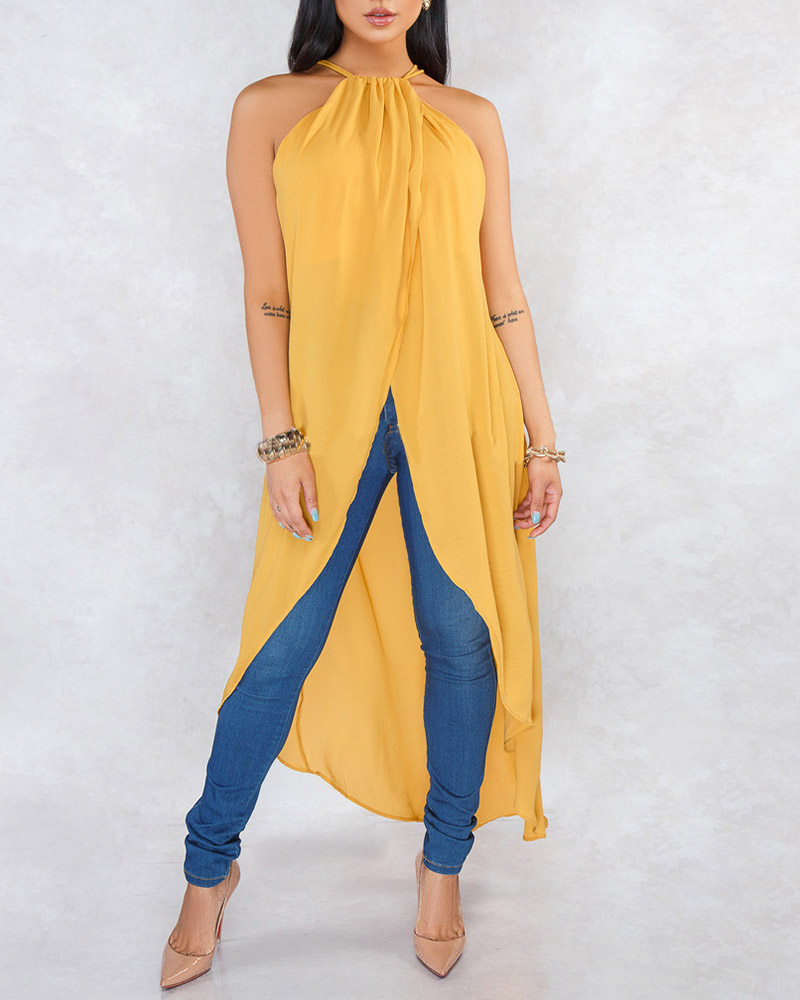 

Halter Ruched Asymmetrical Casual Dress, Yellow