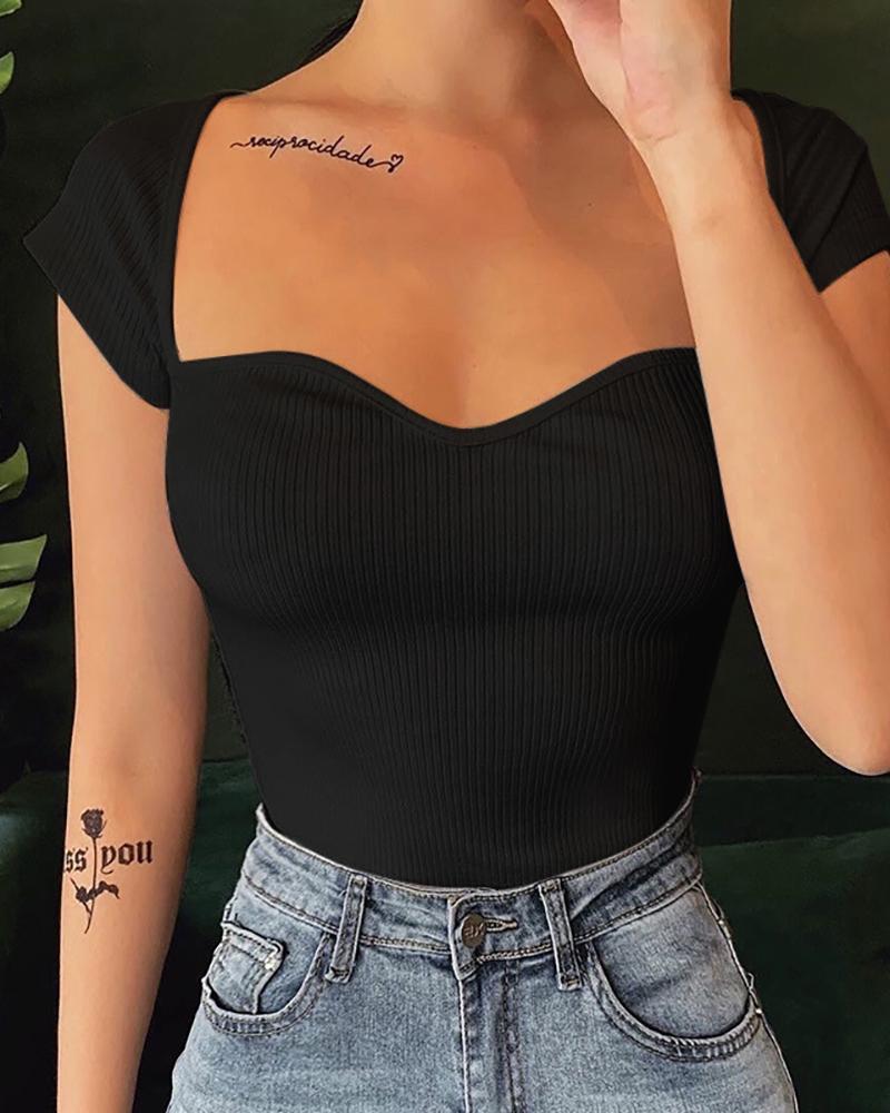 

Sweetheart Neck Short Sleeve Blouse, Black